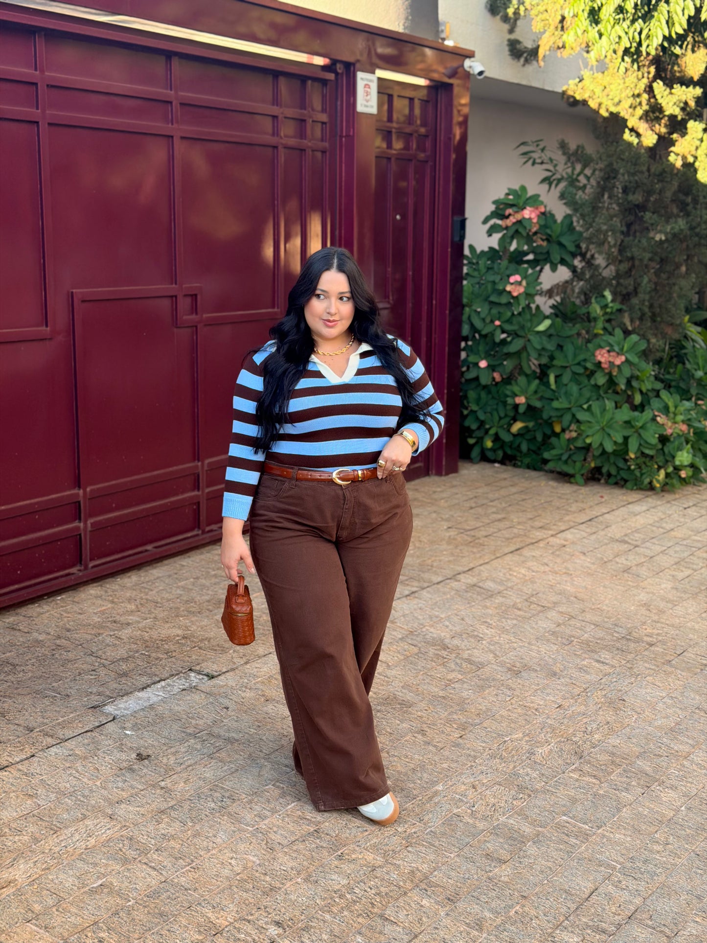 Calça Wide Leg Jeans Marrom em Algodão