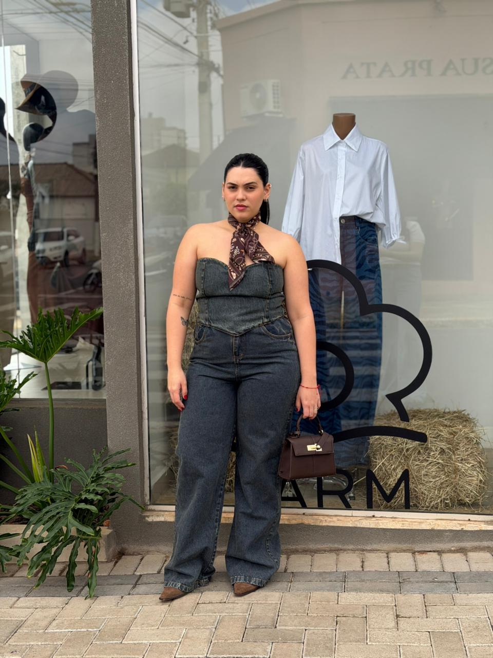 Conjunto Jeans com Cropped Tomara que Caia