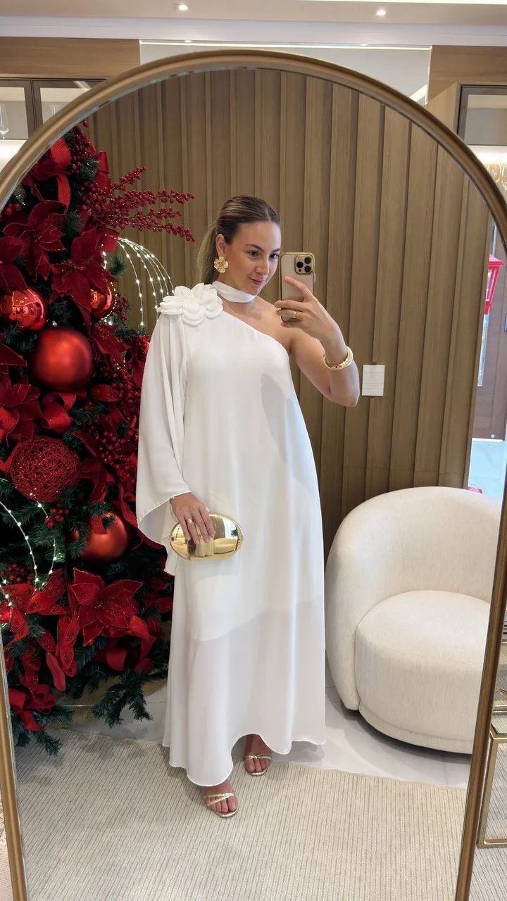 Vestido de Festa Ombro Só com Flor em Chiffon de Seda