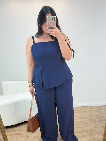 Conjunto com Blusa e Calça Pantalona em Marrant Laila Azul-marinho