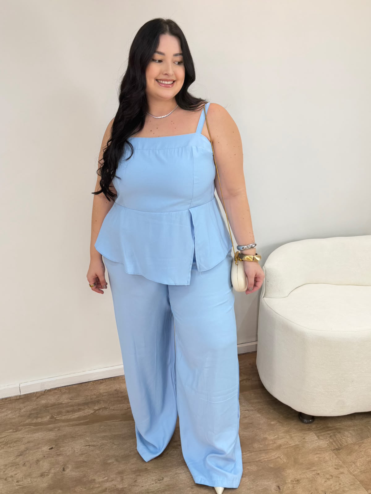 Conjunto com Blusa e Calça Pantalona em Marrant Laila Azul Bebê