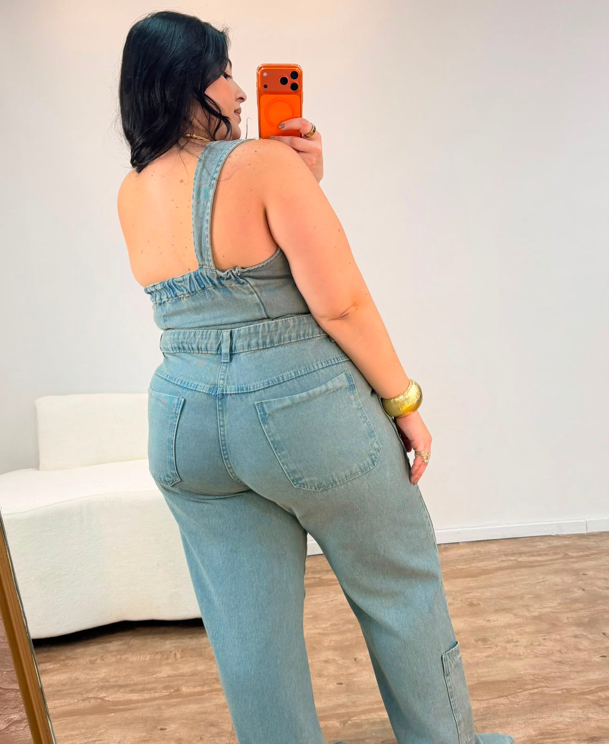 Conjunto Jeans Lavagem Sujinha com Cropped Assimétrico