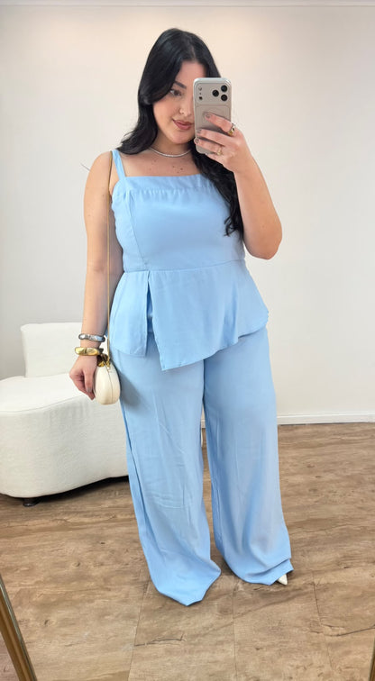 Conjunto com Blusa e Calça Pantalona em Marrant Laila Azul Bebê