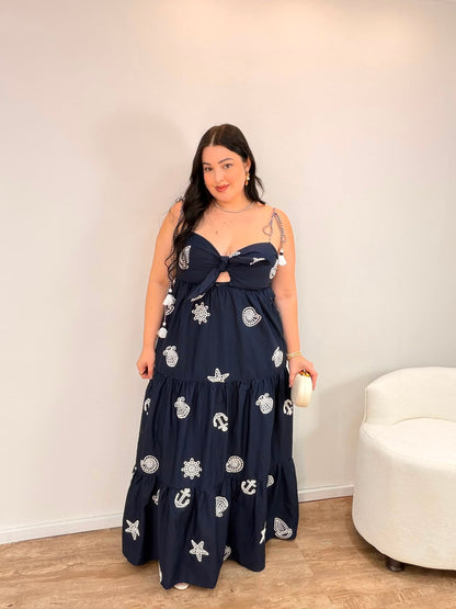 Vestido Richelieu Colagem Navy Farm