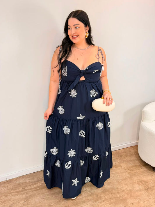 Vestido Richelieu Colagem Navy Farm