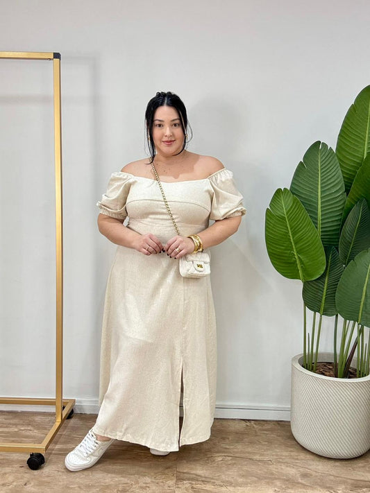 Vestido Midi Ombro a Ombro em Linho Ana Luiza