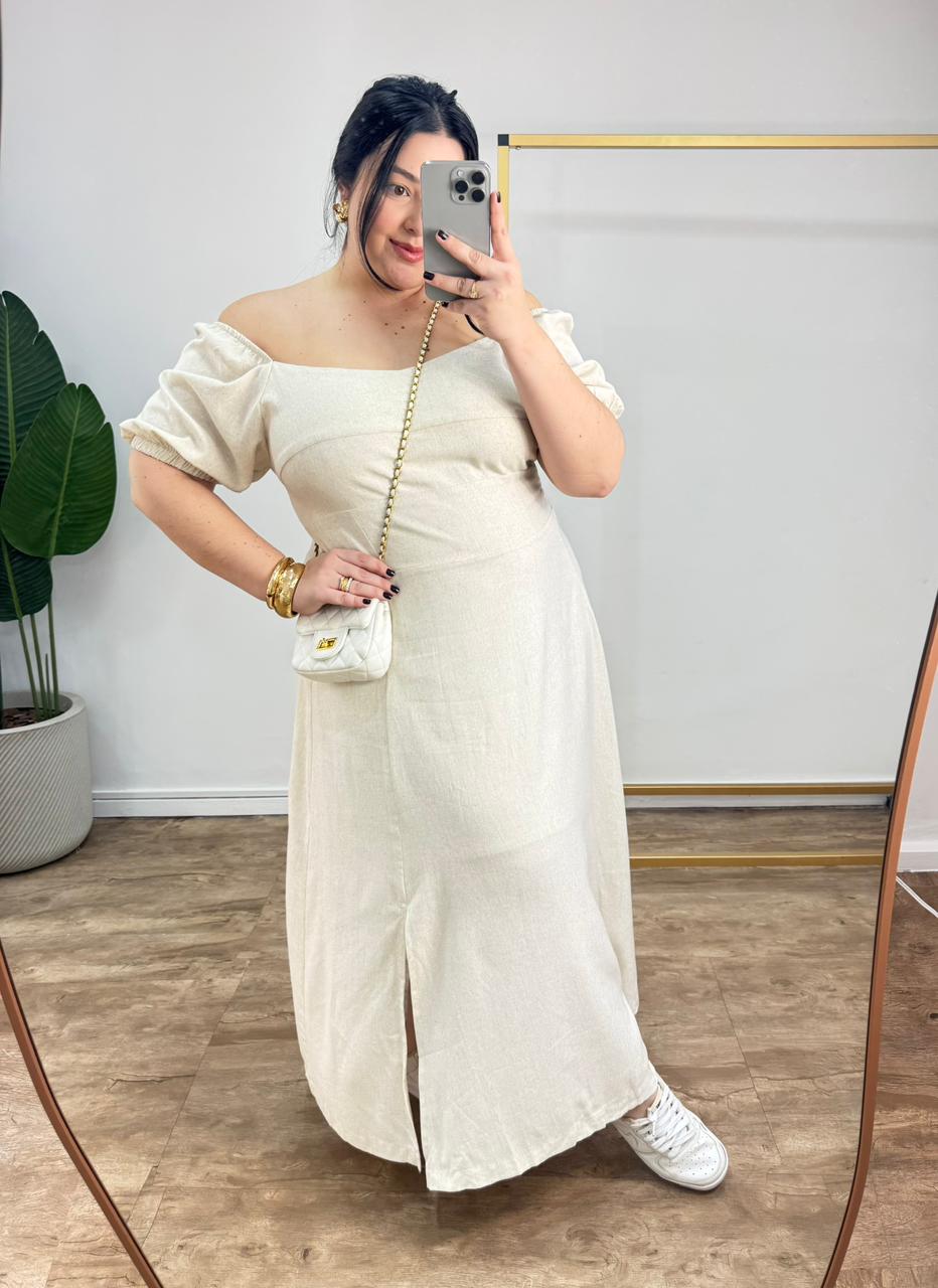 Vestido Midi Ombro a Ombro em Linho Ana Luiza