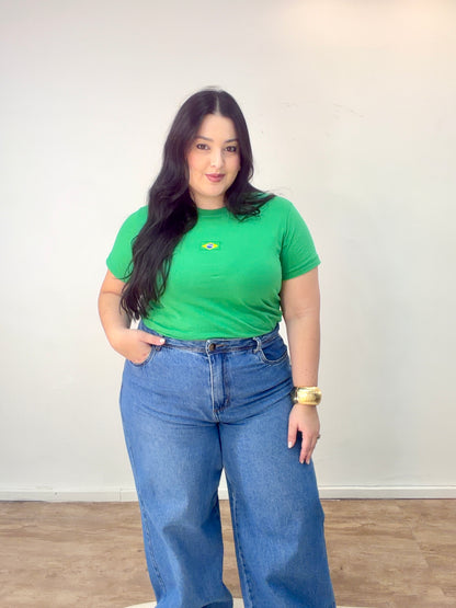 T-Shirt Brasil com Bandeira Bordada 100% Algodão