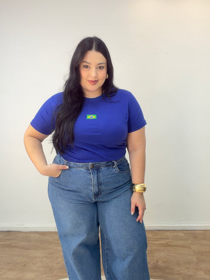 T-Shirt Brasil com Bandeira Bordada 100% Algodão