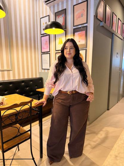 Calça Wide Leg Jeans Marrom em Algodão