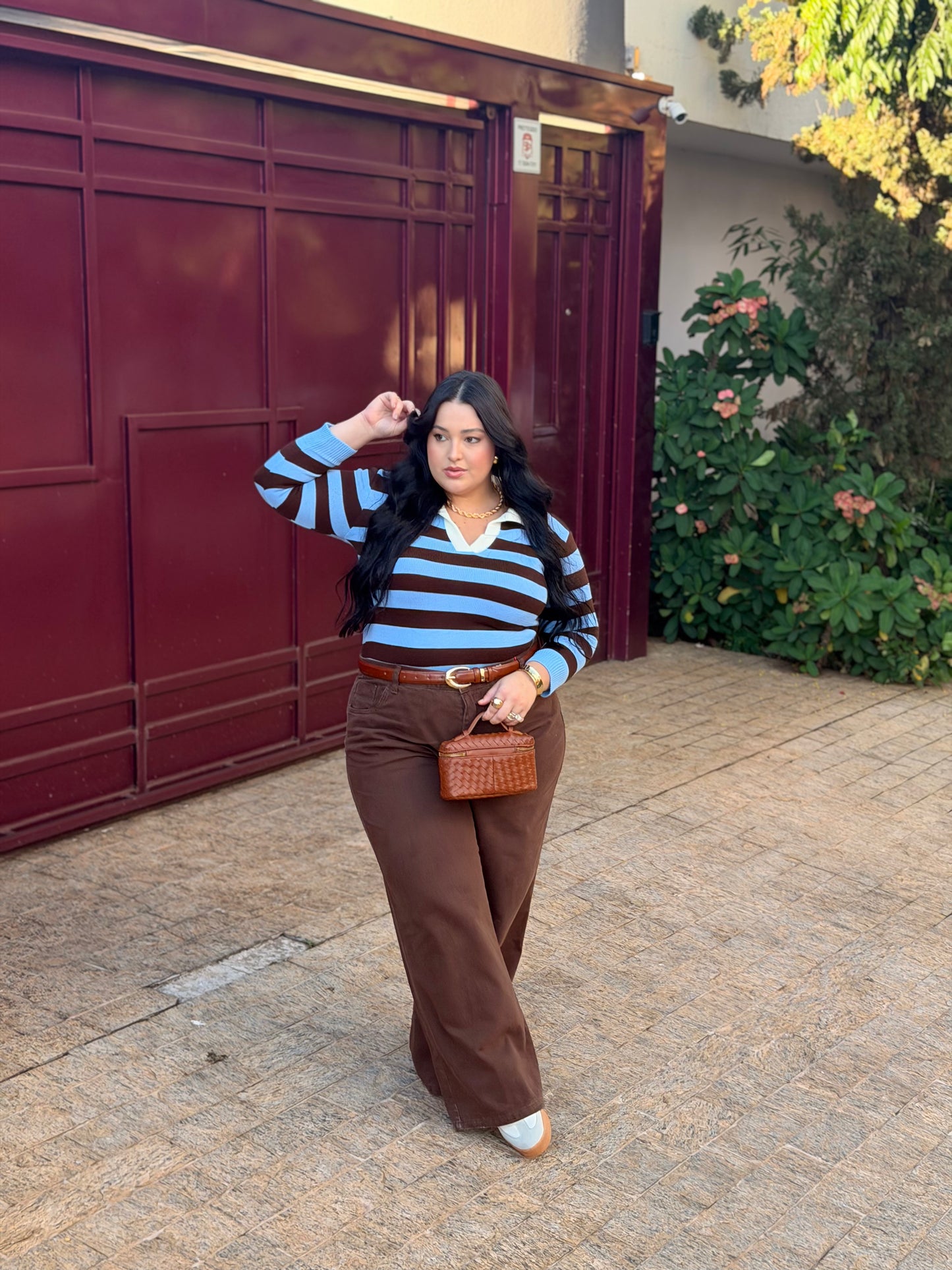 Calça Wide Leg Jeans Marrom em Algodão