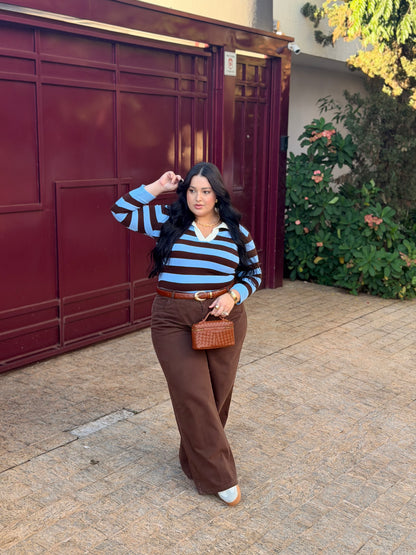Calça Wide Leg Jeans Marrom em Algodão