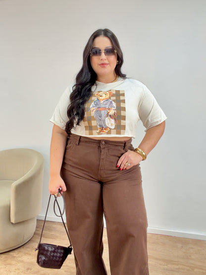 Cropped Feminino em Algodão Estampa Urso