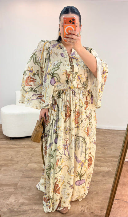 Vestido Longo Manga Estampado Tropical Místico Farm