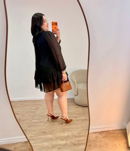 Vestido Curto de Babados em Chiffon de Seda Cibele