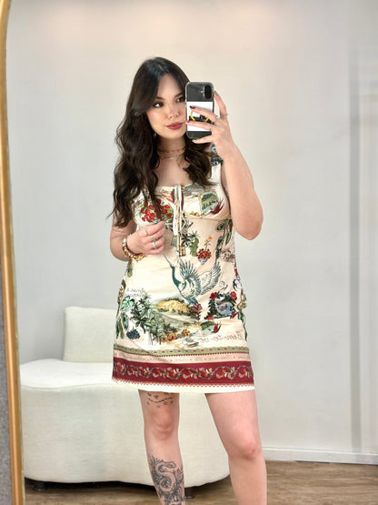 Vestido Curto Poesia Bege Seda Farm