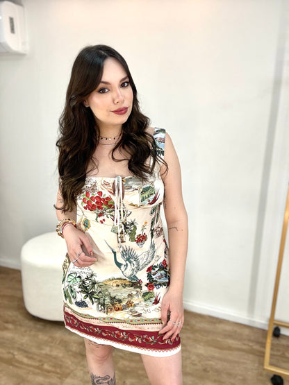 Vestido Curto Poesia Bege Seda Farm