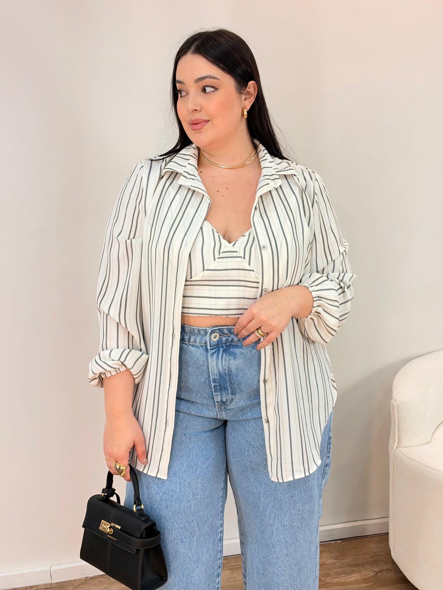 Conjunto Cropped e Camisa Listrado