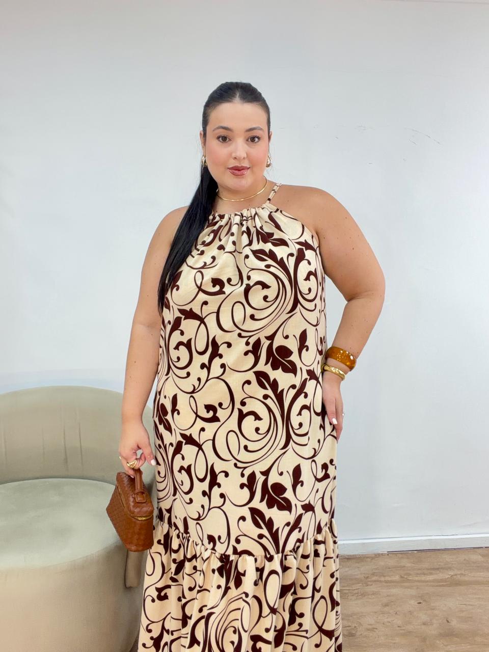 Vestido Frente Única Estampado em Tecido Duna
