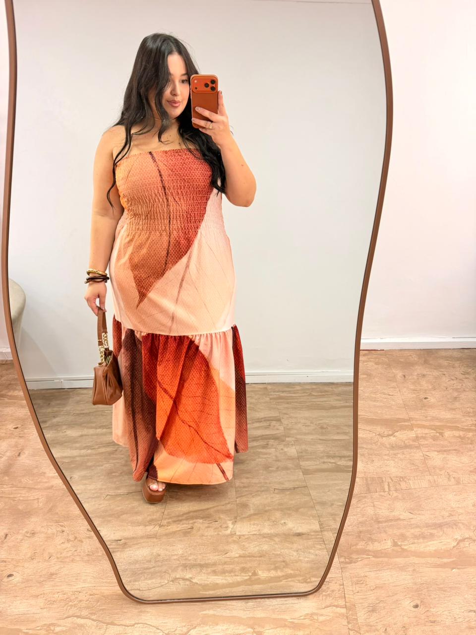 Vestido Tomara que Caia em Crepe de Seda Outono