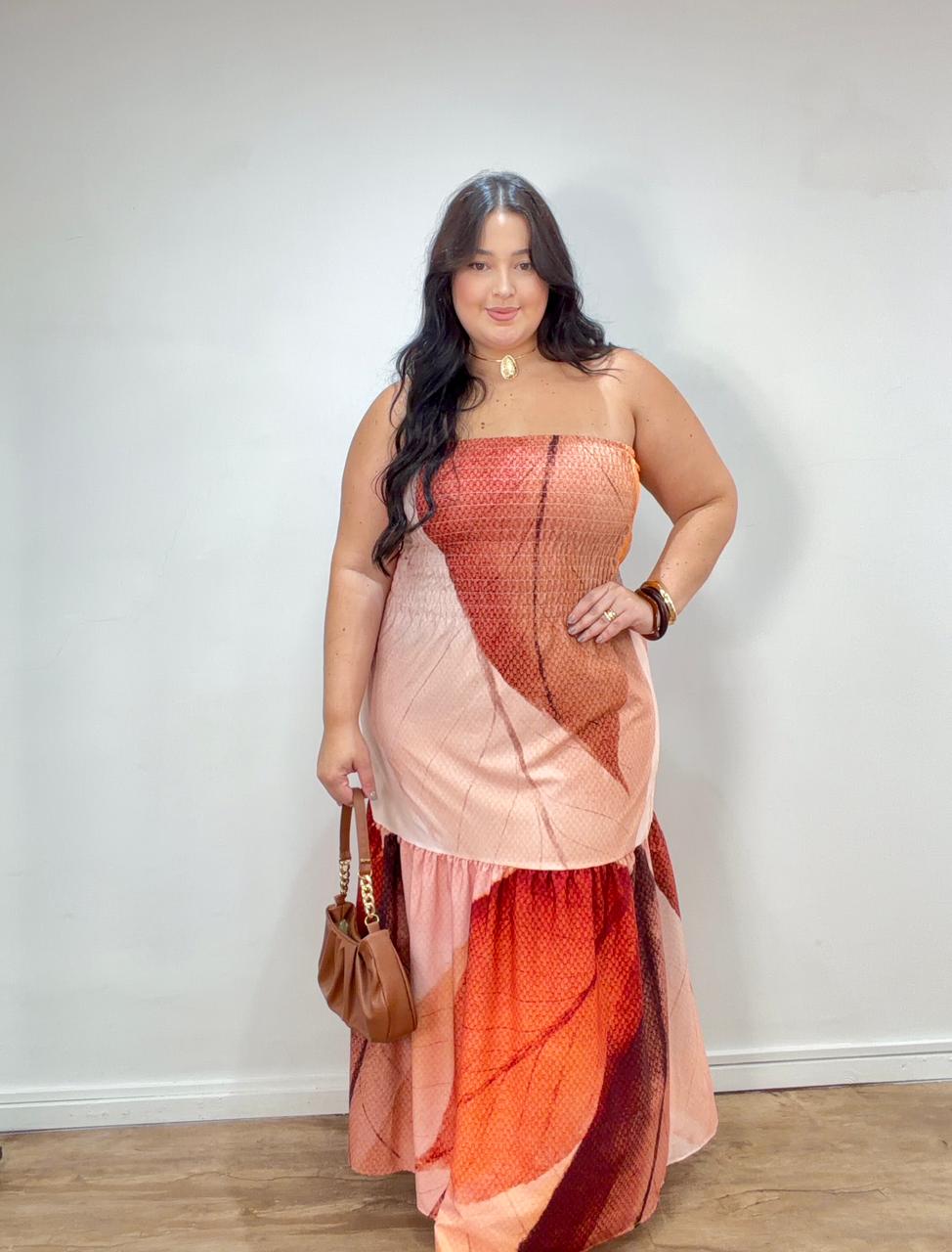 Vestido Tomara que Caia em Crepe de Seda Outono