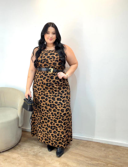 Vestido Longo Animal Print com Fenda e Alças Finas