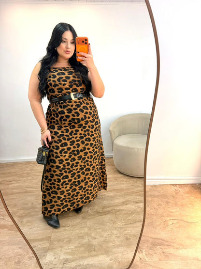 Vestido Longo Animal Print com Fenda e Alças Finas