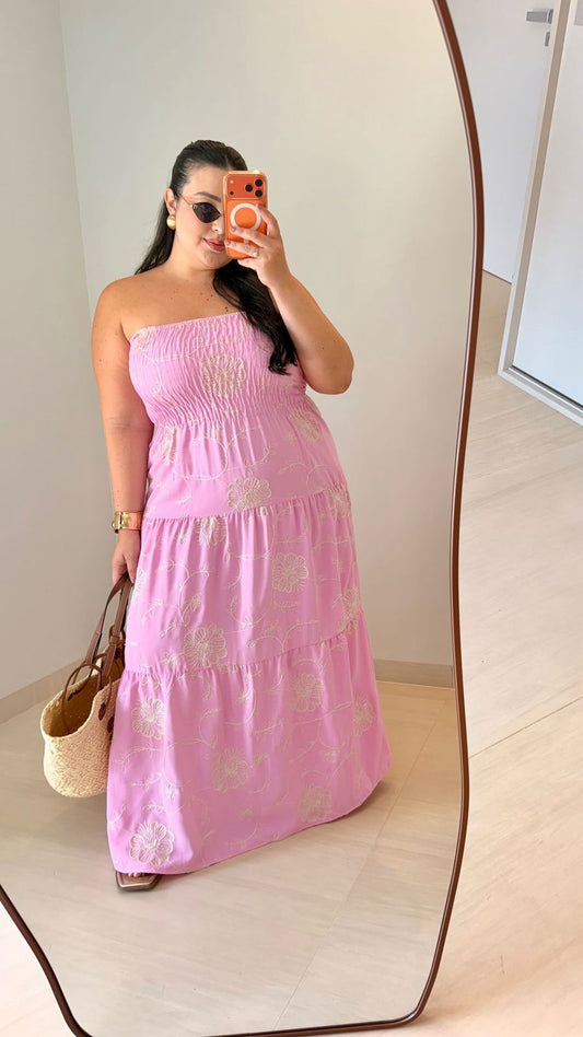 Vestido Lastex Bordado Tomara que Caia