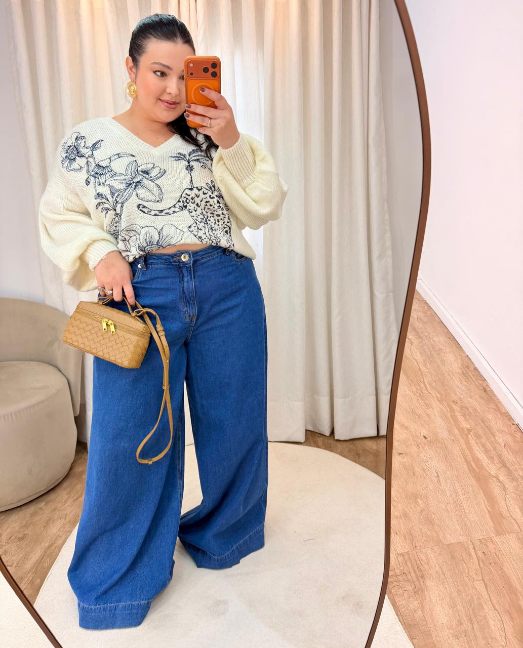 Pull Tricot Bordado Delicadez Azul
