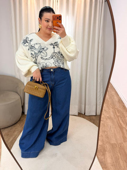 Pull Tricot Bordado Delicadez Azul