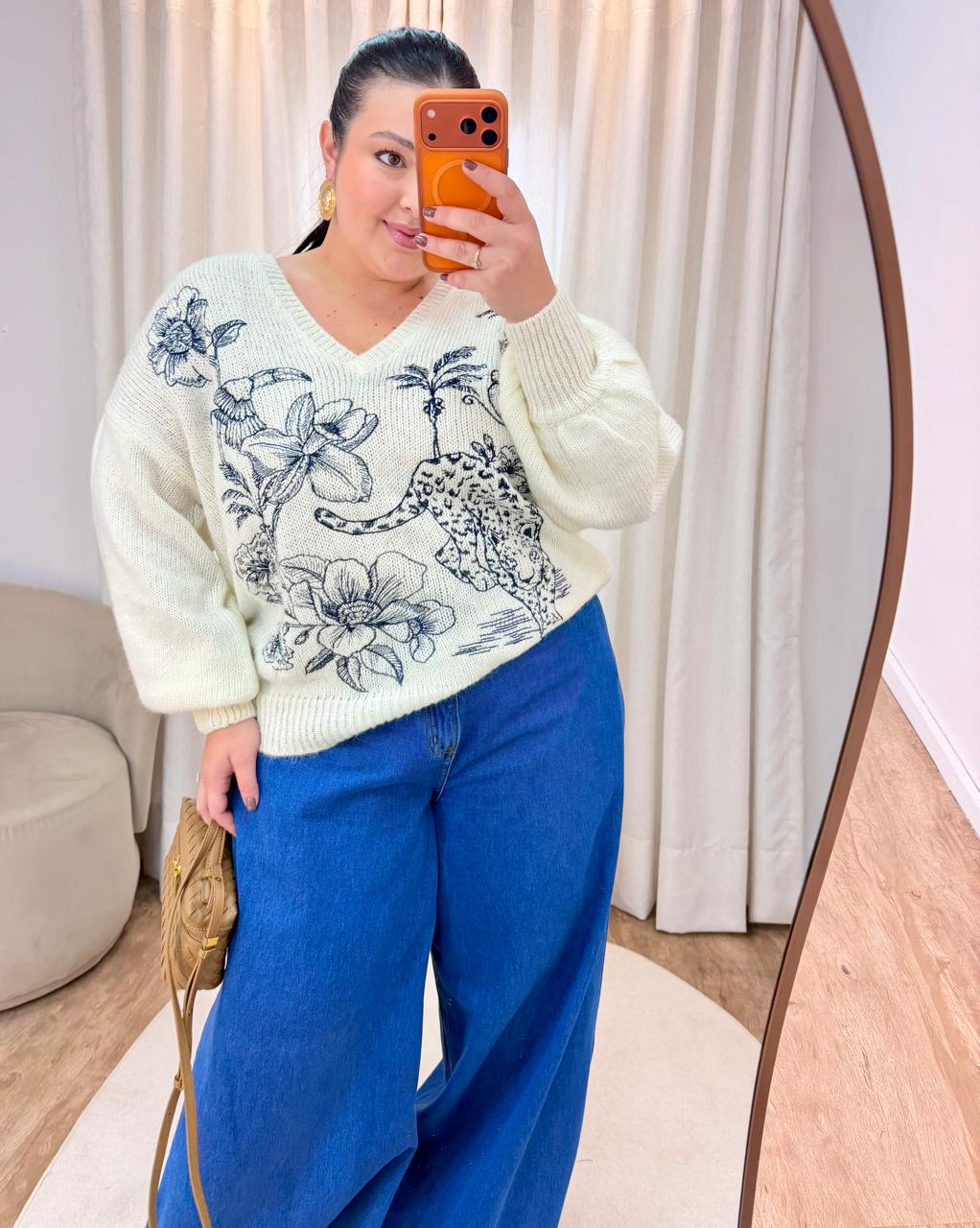 Pull Tricot Bordado Delicadez Azul