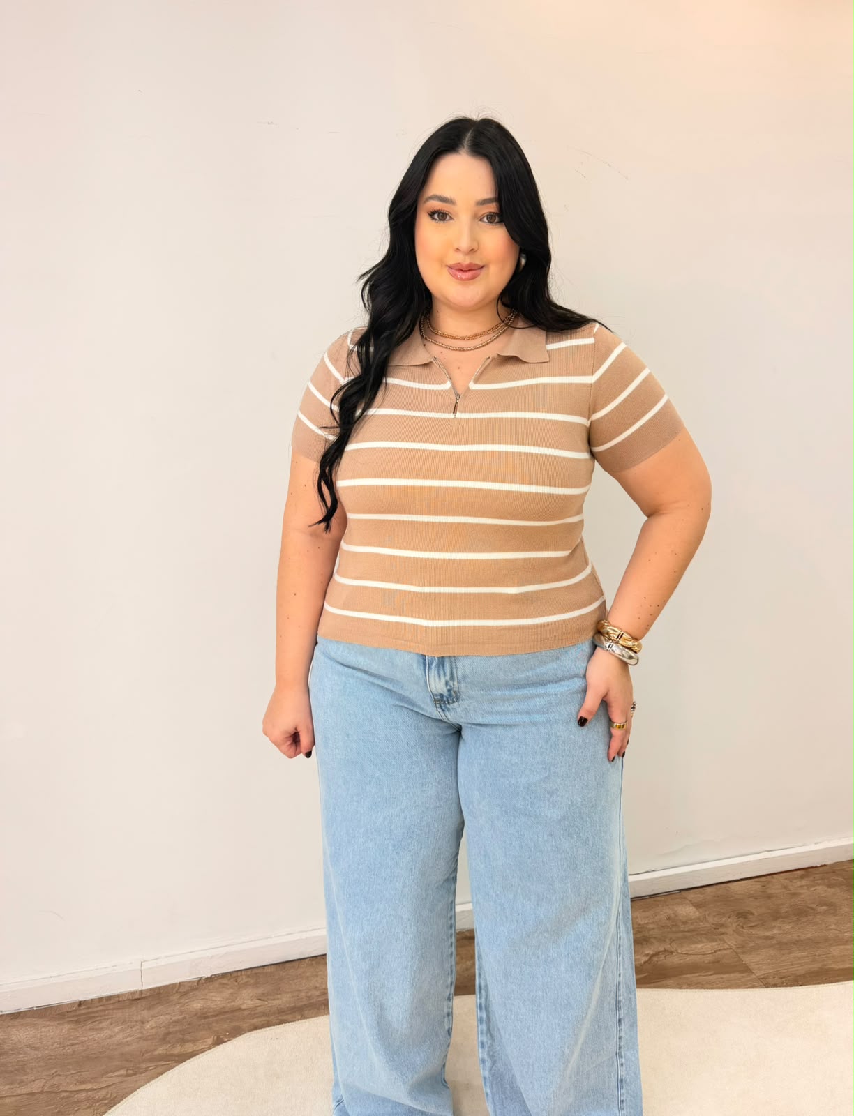Blusa Polo de Listras Manga Curta