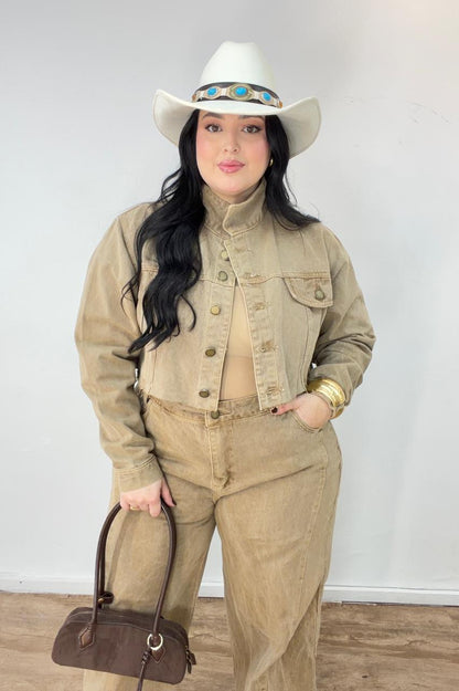Conjunto Calça Wide com Jaqueta Cropped Doce de Leite