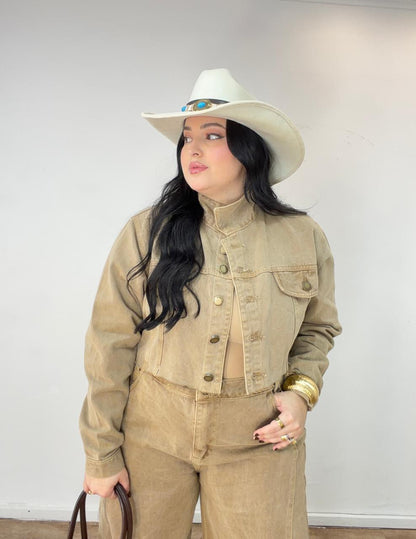 Conjunto Calça Wide com Jaqueta Cropped Doce de Leite