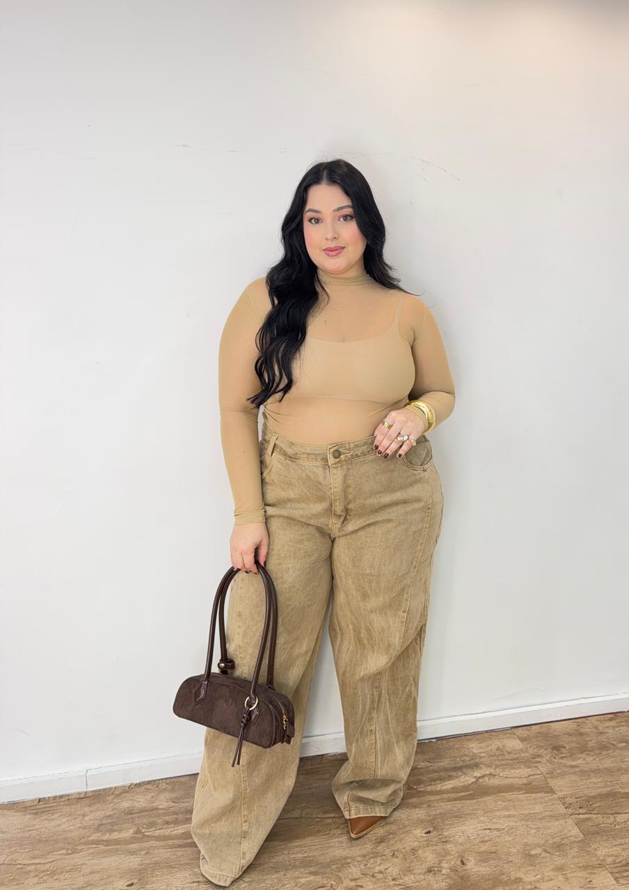 Conjunto Calça Wide com Jaqueta Cropped Doce de Leite