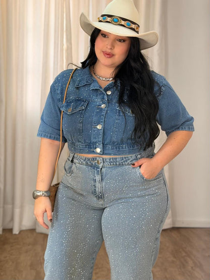 Camisa Cropped Jeans com Brilho