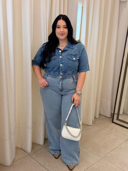 Camisa Cropped Jeans com Brilho