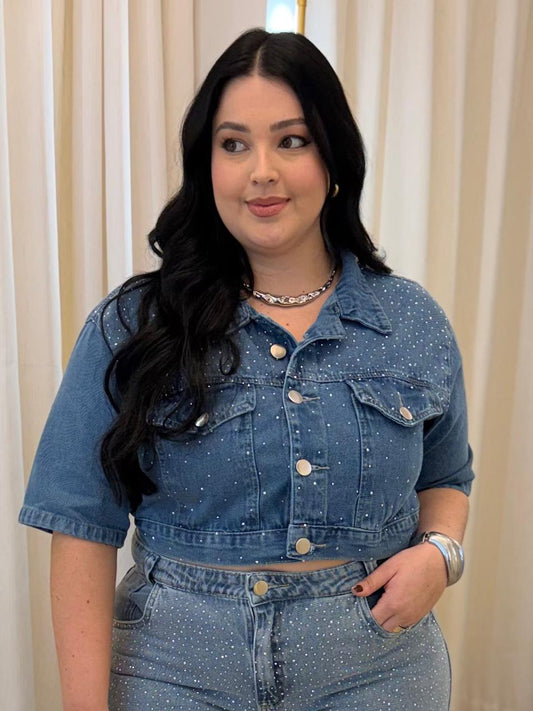 Camisa Cropped Jeans com Brilho