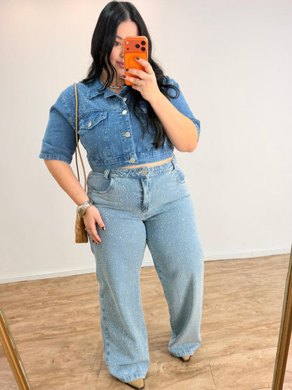 Camisa Cropped Jeans com Brilho