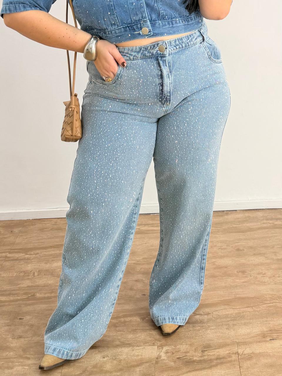 Calça Jeans Wide Leg com Brilho Clara