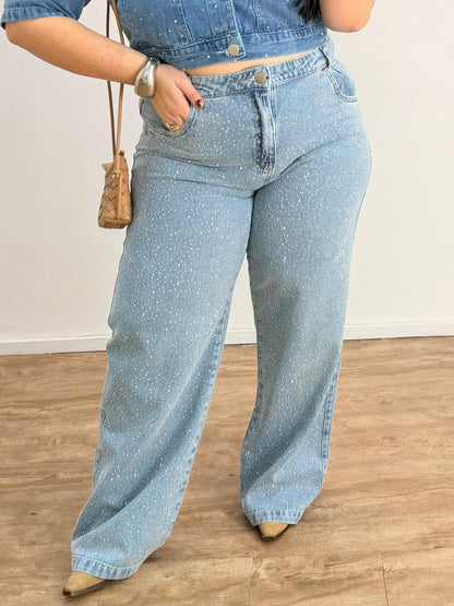 Calça Jeans Wide Leg com Brilho Clara