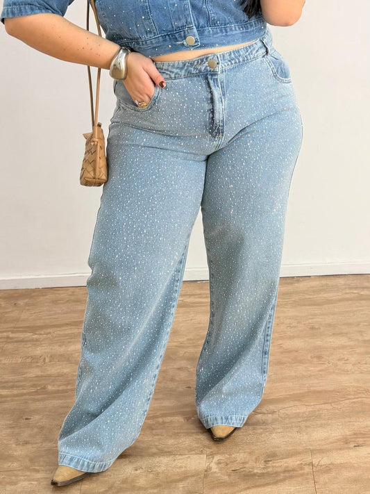 Calça Jeans Wide Leg com Brilho Clara