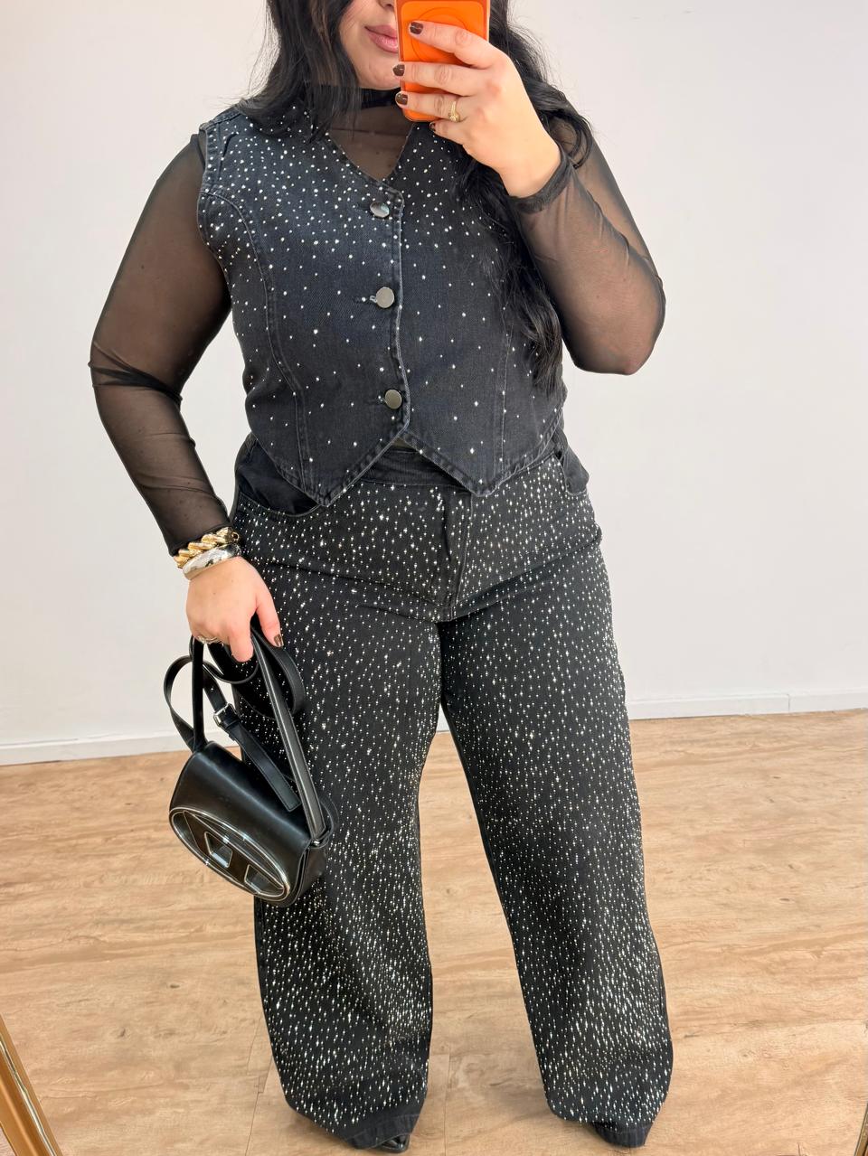 Calça Jeans Wide Leg com Brilho Preta
