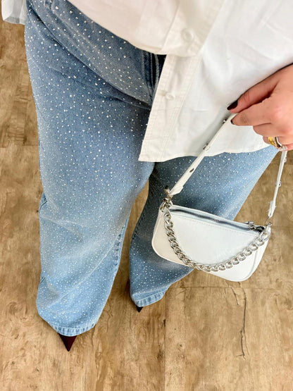Calça Jeans Wide Leg com Brilho Clara