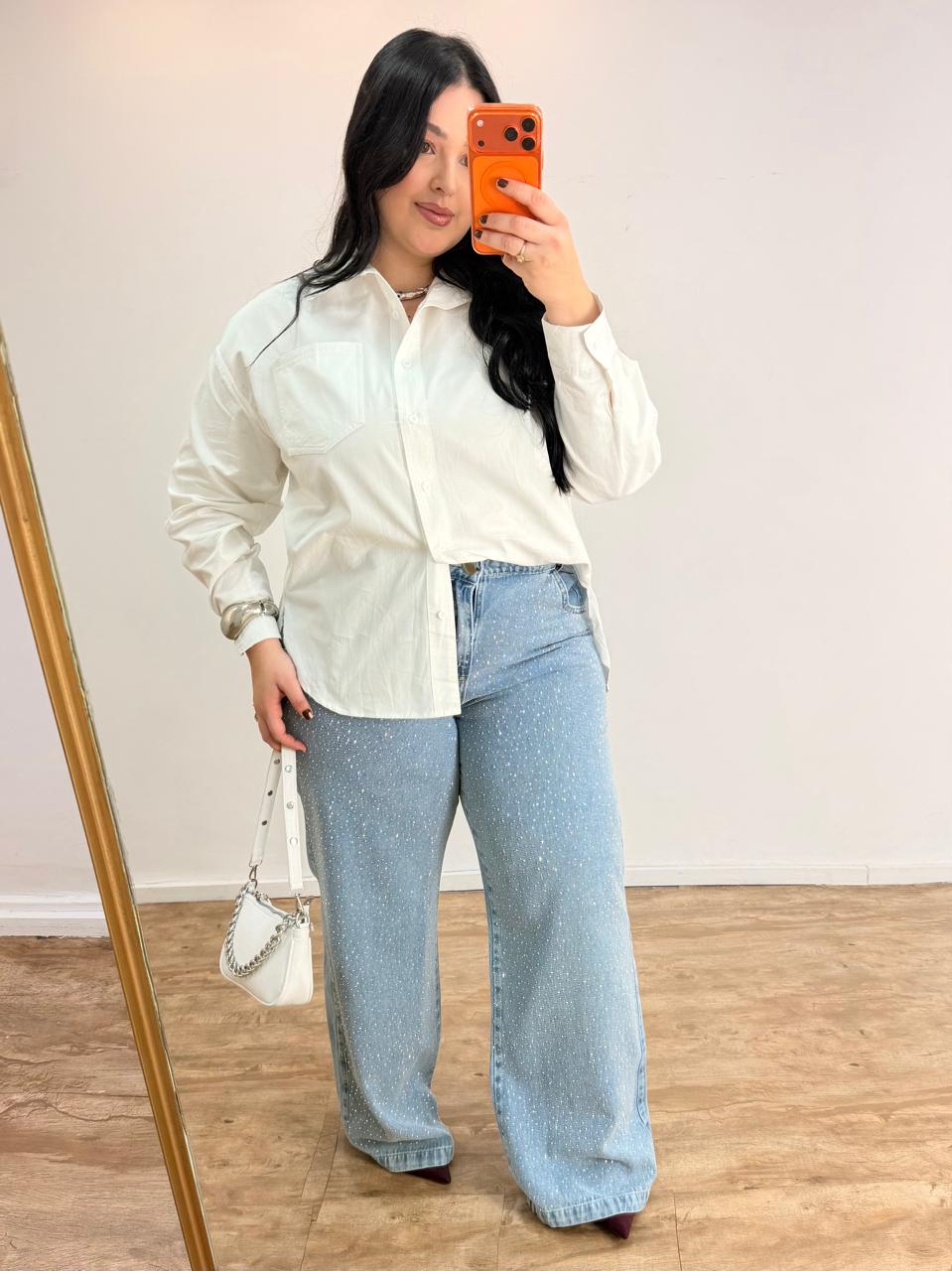 Calça Jeans Wide Leg com Brilho Clara