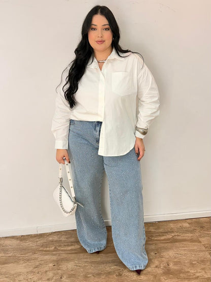Calça Jeans Wide Leg com Brilho Clara