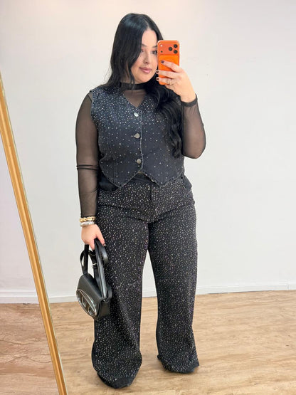 Calça Jeans Wide Leg com Brilho Preta