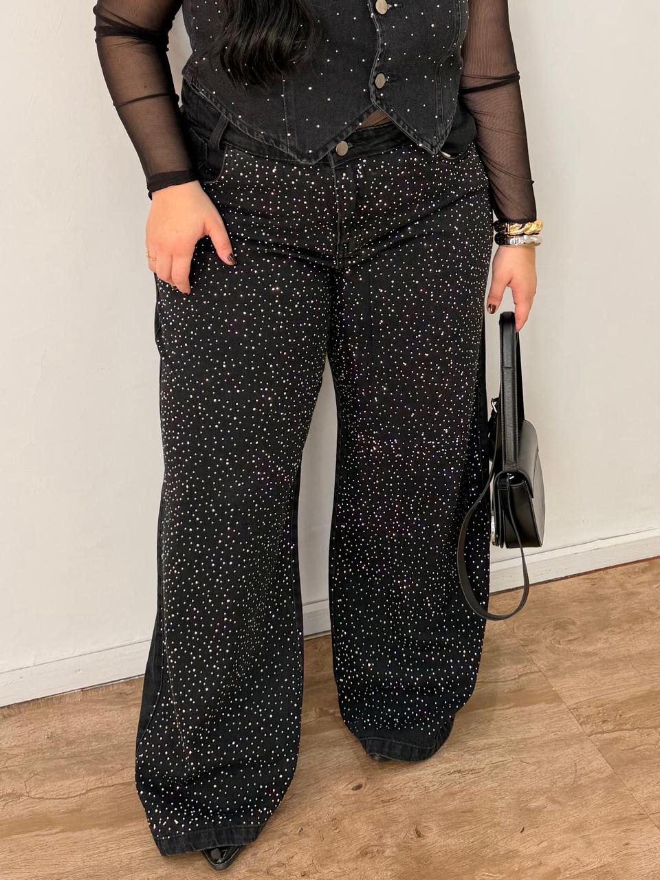 Calça Jeans Wide Leg com Brilho Preta