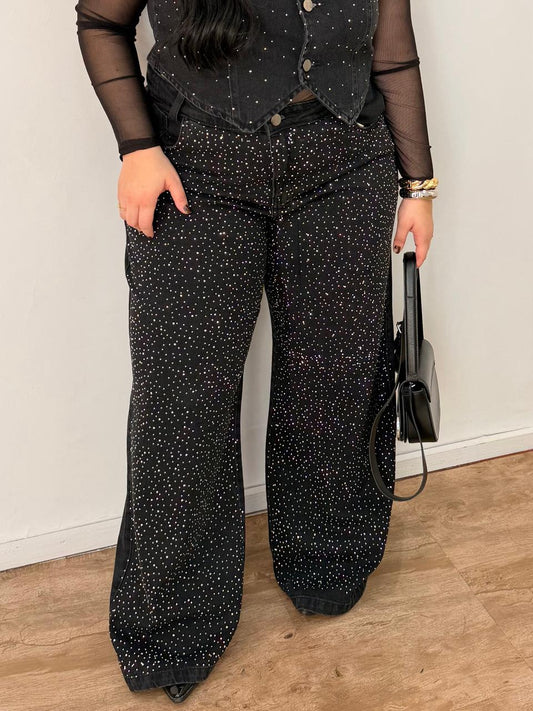Calça Jeans Wide Leg com Brilho Preta