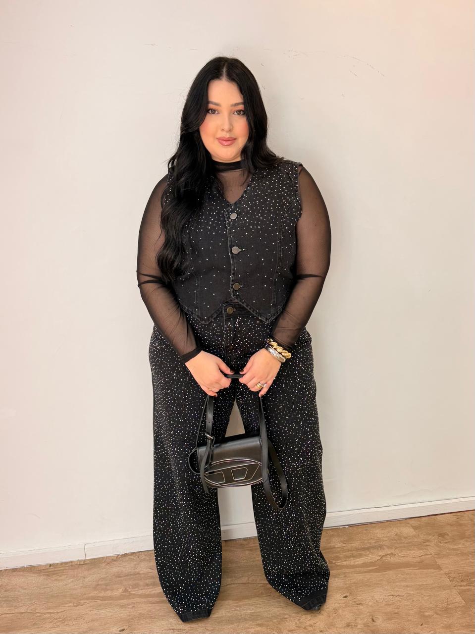 Colete Jeans de Brilho Preto